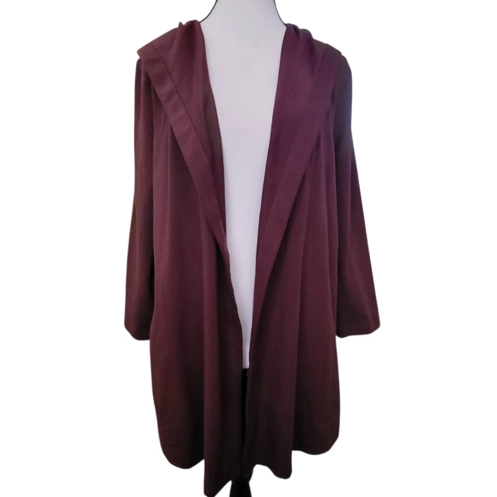 Eileen Fisher Petite Medium PM Burgundy Hooded Open Front Cardigan Sweater